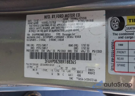 2008 Ford Fusion Sel z USA, uszkodzony, nr VIN 3FAHP08Z88R188365